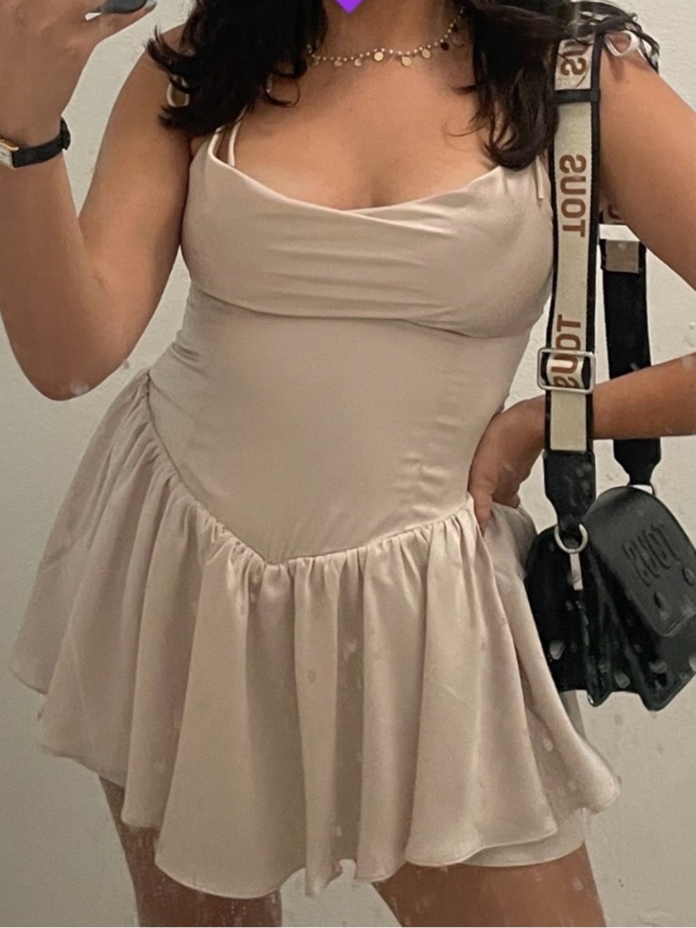 Beige Satin Cowl Neck Mini Dress
